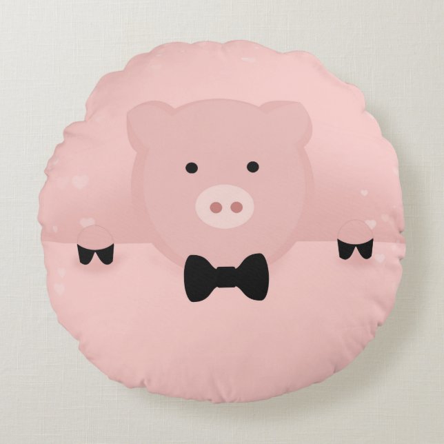 Pink Pig in a Black Bow Tie Round Pillow (Front)