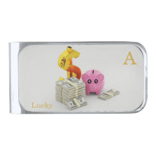 Pink pig, money bills and monogram on light grey silver finish money clip