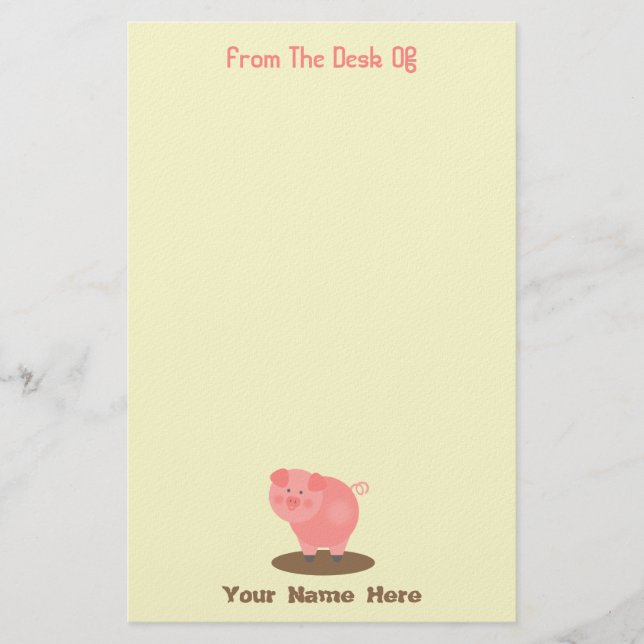 Pink Pig Mud Puddle Personalized Stationery (Front)