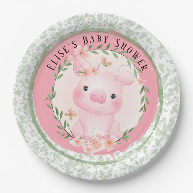 Pink Pig of Cuteness Girl Baby Shower Custom Paper Plates (Front)