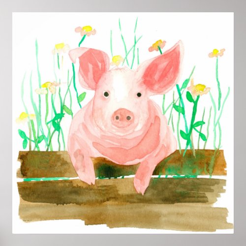 Pink Pig On A Fence Barnyard Farm Animal Poster