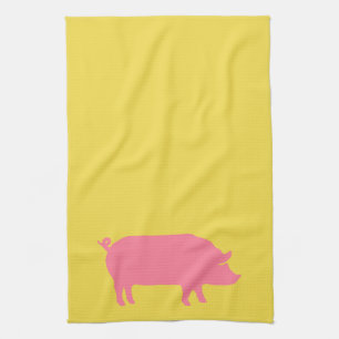 Pink Pig on Yellow Kitchen Towel