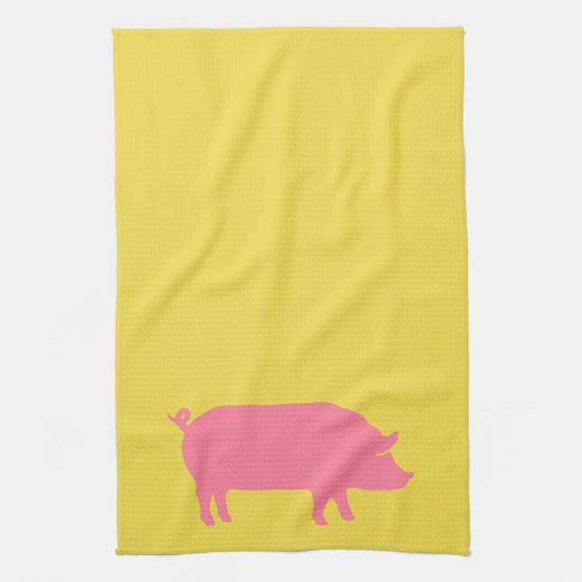 Pink Pig on Yellow Kitchen Towel (Vertical)