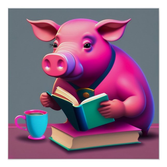 Pink Pig Reading A Book Poster (Front)