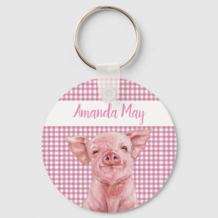Pink Pig Watercolor Gingham Plaid Monogram Keychain