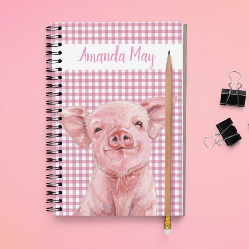 Pink Pig Watercolor Gingham Plaid Monogram  Notebook