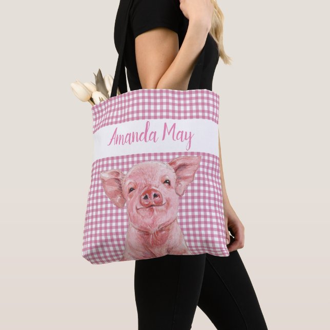 Pink Pig Watercolor Gingham Plaid Monogram   Tote Bag (Close Up)