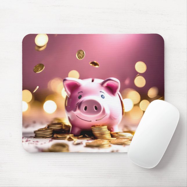 Pink Piggy Bank With Coins Mouse Pad (With Mouse)