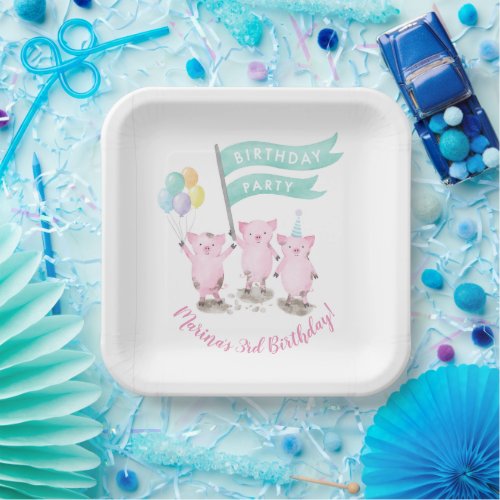 Pink Piggy Kids Birthday Paper Plates