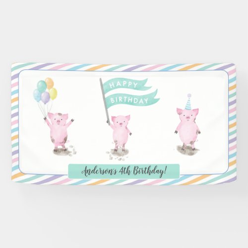 Pink Piggy Kids Birthday Party Banner