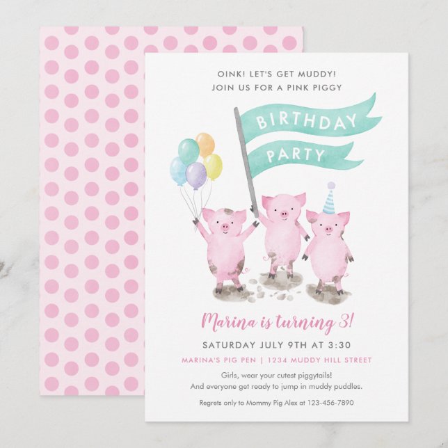 Pink Piggy Kids Birthday Party Invitation (Front/Back)