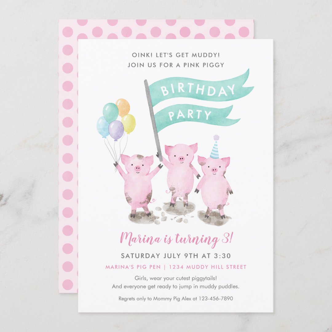 Pink Piggy Kids Birthday Party Invitation | Zazzle