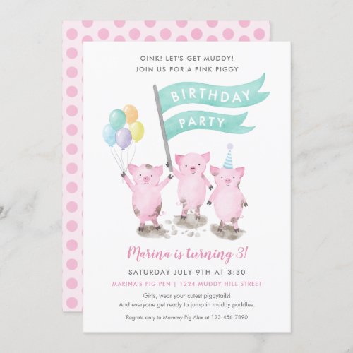 Pink Piggy Kids Birthday Party Invitation