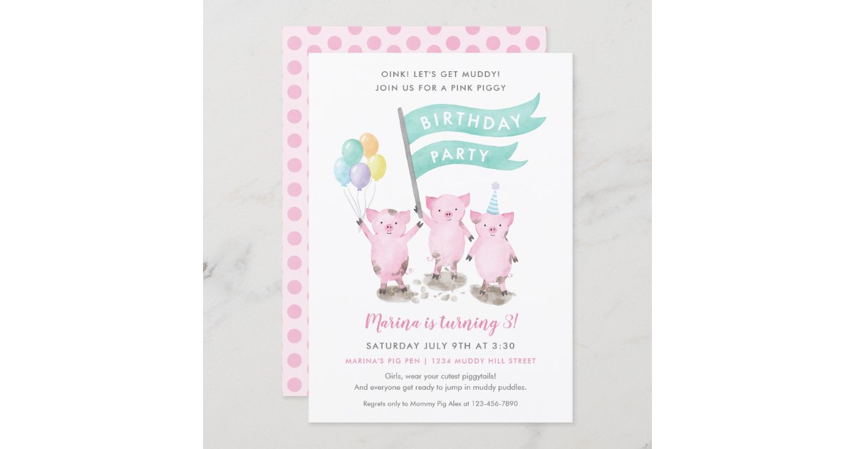 Pink Piggy Kids Birthday Party Invitation | Zazzle