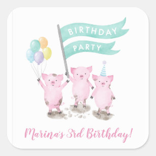 Pink Piggy Kids Birthday Square Sticker