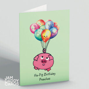 Pink piggy with Balloons Birthday Letterpress Thank You Card