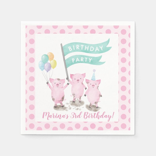 Pink Piggys Kids Birthday Party Napkins (Front)