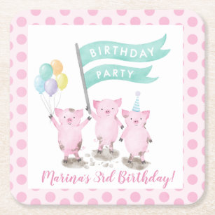 Pink Piggys Kids Birthday Party Square Paper Coaster