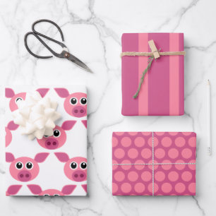 Pink Pigs Dots Stripes Wrapping Paper Set