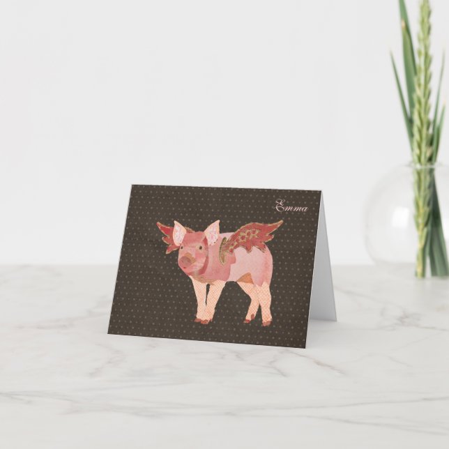 Pink Pigs Fly Polkadot Personalized Notecard (Front)