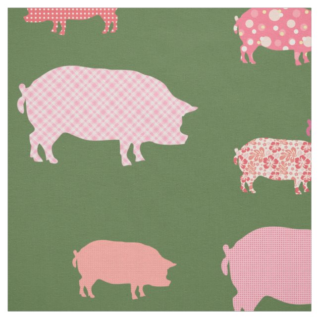Pink Pigs On Green Background Pattern Fabric (Swatch)
