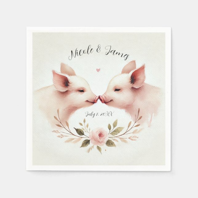 Pink Pigs Snout to Snout Floral Rustic Wedding Napkins (Front)