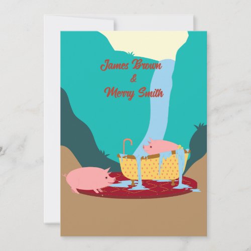 Pink Pigs Waterfall Carpet Bathtub Wedding Invitation