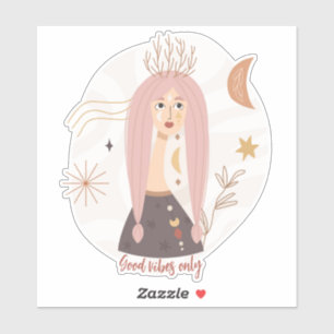 Pink pigtails boho woman flowers moon affirmation  sticker