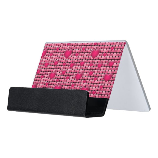 Pink Pile With Hearts Desk Business Card Holder (Angled Front)