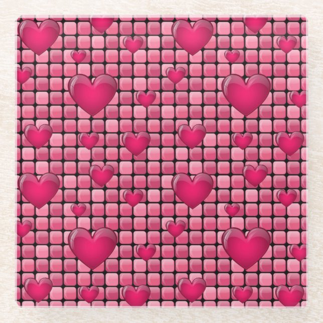 Pink Pile With Hearts Glass Coaster (Front)