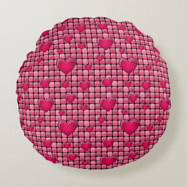 Pink Pile With Hearts Round Pillow (Front)