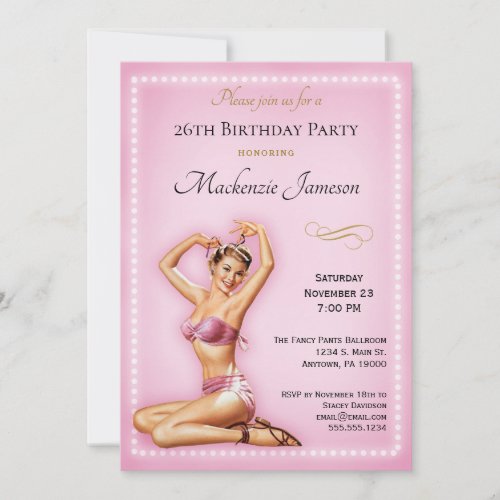 Pink Pin Up Birthday Invitation Retro Vintage