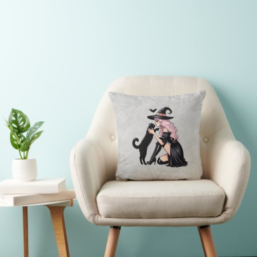 Pink Pin Up Witch Throw Pillow