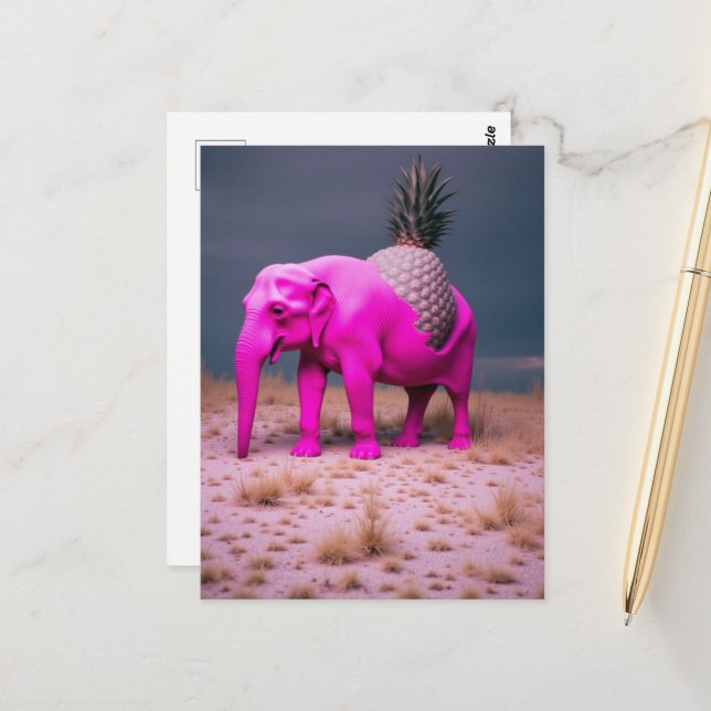 Pink Pinapple Elephant Surreal Postcard (Front/Back In Situ)