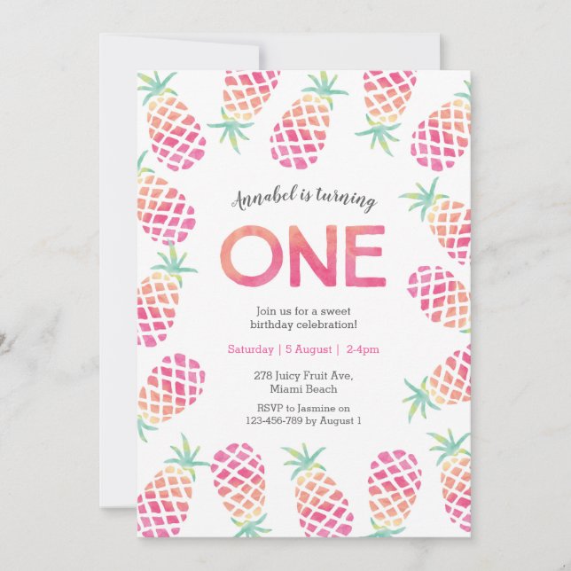 Pink pinapple tropical birthday Invitation (Front)