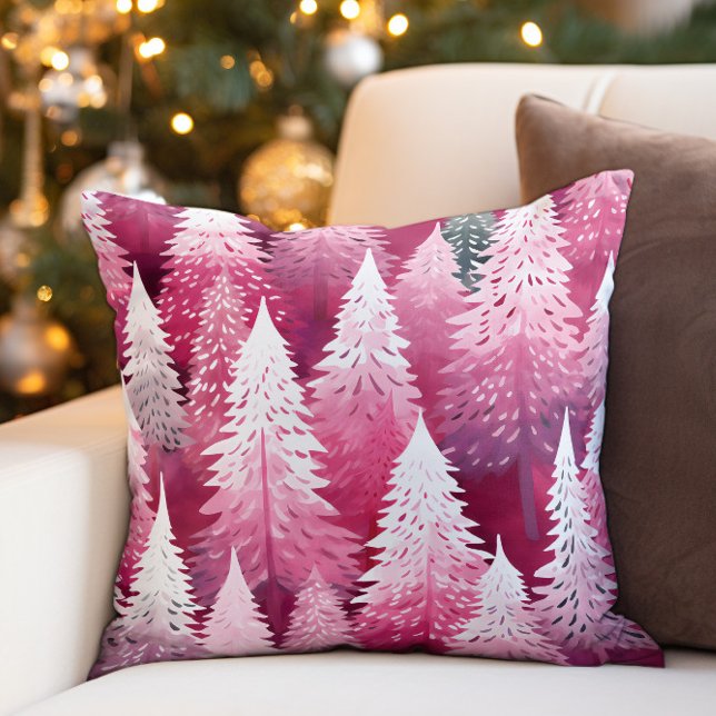 Pink Pine Christmas Trees Throw Pillow (Pink and white Christmas tree pillow)