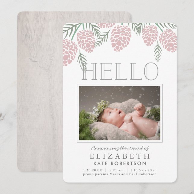 Pink Pine Cone White Photo Birth Announcement (Front/Back)