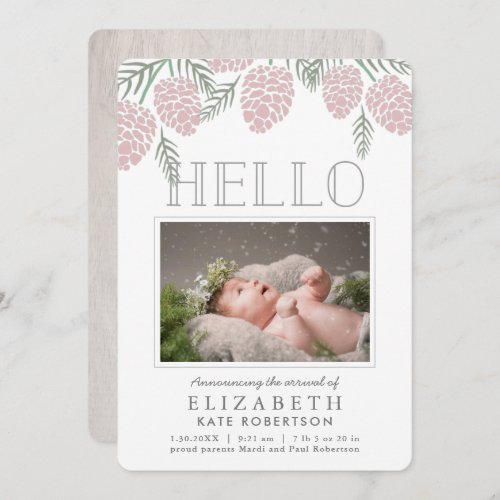 Pink Pine Cone White Photo Birth Announcement