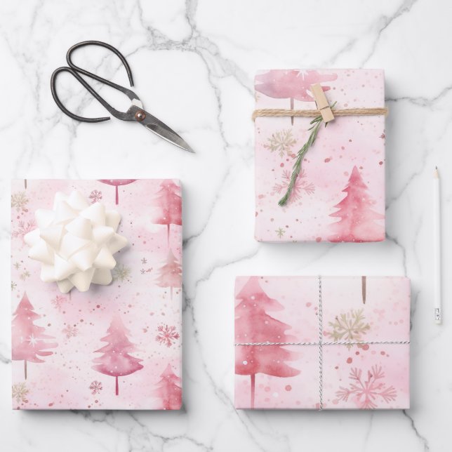Pink Pine Trees Vintage Christmas Wrapping Paper Sheets (Front)