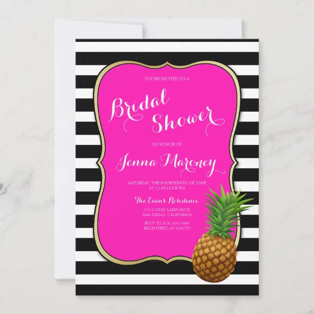 Pink Pineapple Bridal Shower Black White Stripes Invitation (Front)