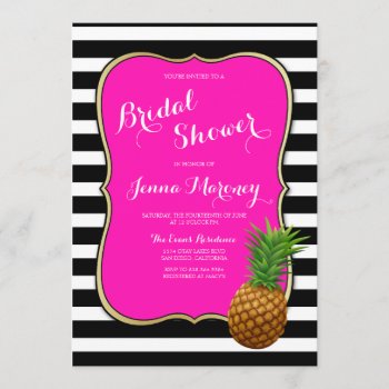 Pink Pineapple Bridal Shower Black White Stripes Invitation by GreenLeafDesigns at Zazzle