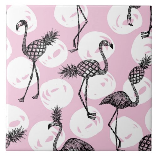 Pink Pineapple Flamingo Ceramic Tile