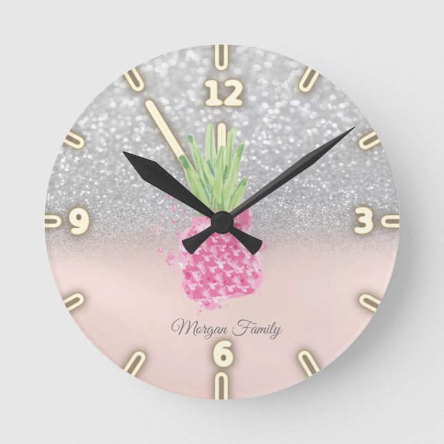 Pink Pineapple Glitter Silver Glitter Bokeh Round Clock (Front)