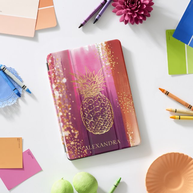 Pink Pineapple Gold Glitter Personalized iPad Pro Cover (Desk)