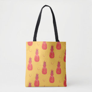 Pink pineapple on orange background. Seamless patt Tote Bag