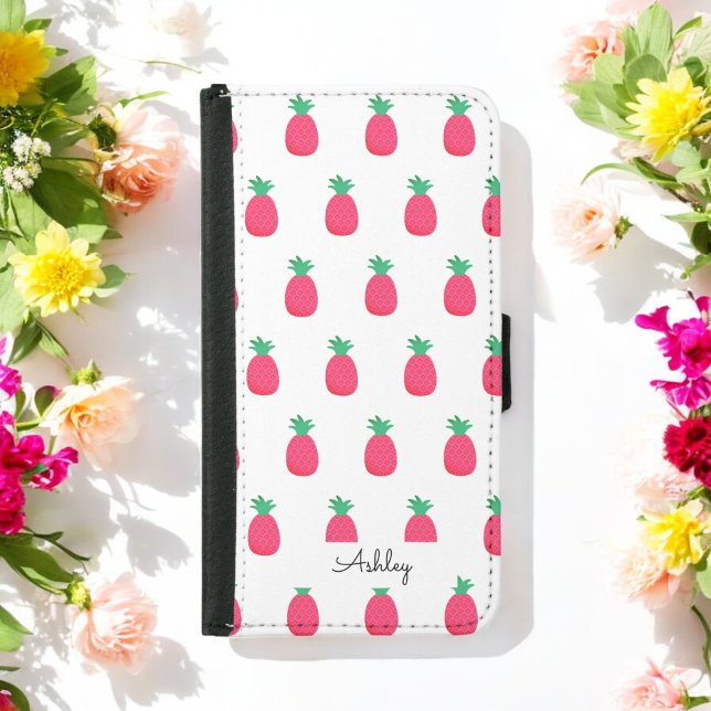 Pink Pineapple Pattern Chic White  Samsung Galaxy Wallet Case (Creator Uploaded)