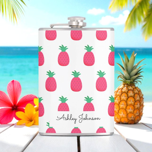 Pink Pineapple Pattern Cute White Flask (Creator Uploaded)