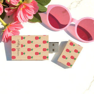 Pink Pineapple Pattern Cute Wood Flash Drive