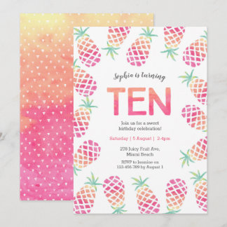 Pink pineapple tropical 10th birthday Invitation