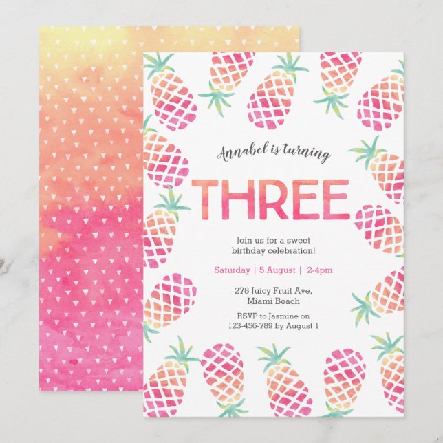 Pink pineapple tropical 3rd  birthday Invitation (Front/Back)